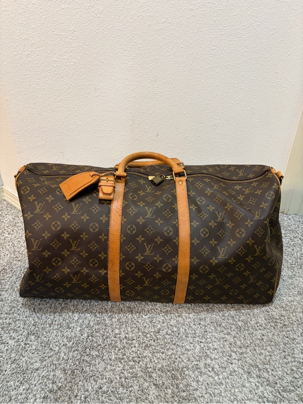 Louis Vuitton Brown Monogram Canvas Travel Duffel with Tan Leather Trim